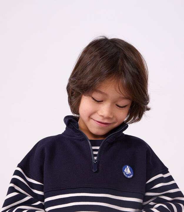 Felpa con mezza cerniera in cotone a righe bambino blu/bianco