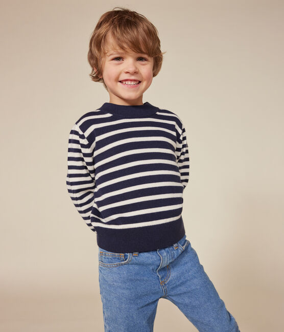 Pullover rigato in lana e cotone bambino blu SMOKING/bianco MARSHMALLOW