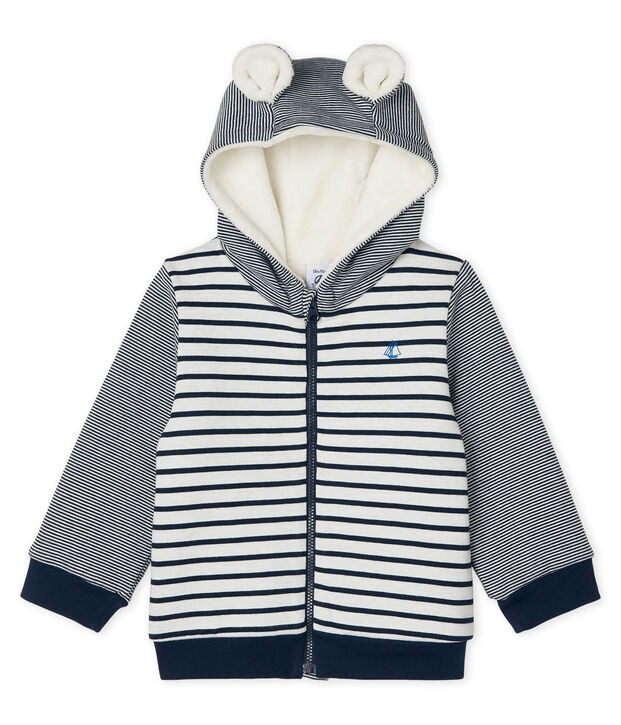 Felpa con cappuccio beb&egrave; maschio a righe marinare doppiata in lana sherpa bianco/blu