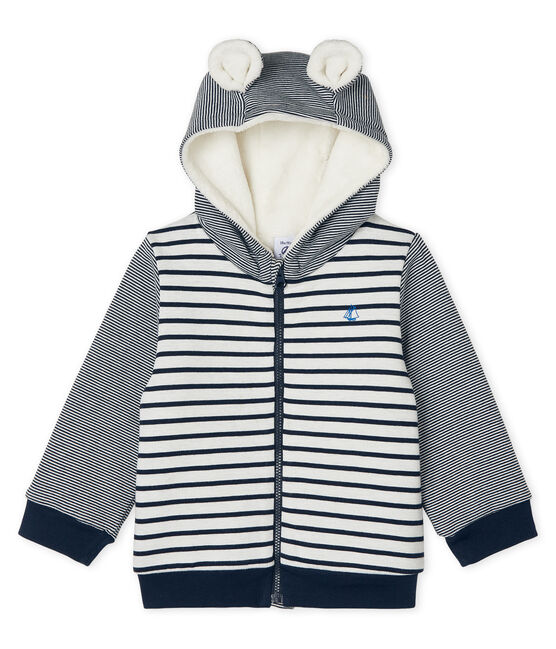 Felpa con cappuccio bebè maschio a righe marinare doppiata in lana sherpa bianco MARSHMALLOW/blu SMOKING CN
