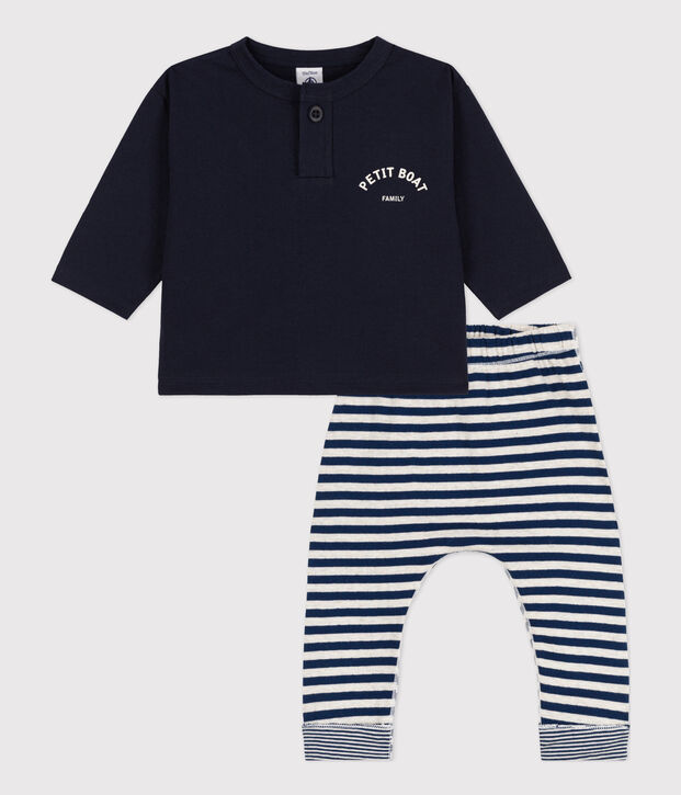 Completo regalo beb&egrave;: t-shirt e pantaloni blu/bianco