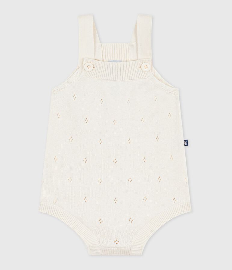 Tutina corta in maglia cotone traforato neonato ecru