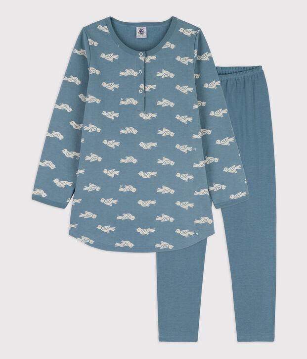 Camicia da notte e leggings in materiale felpato e cotone per bimbe, con fantasia volatile blu/bianco