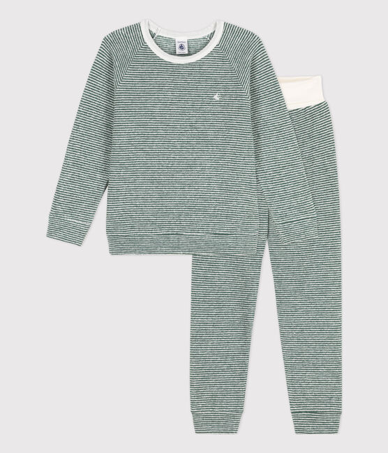 Pigiama millerighe bambina/bambino in spugna di cotone verde VALLEE/bianco MARSHMALLOW