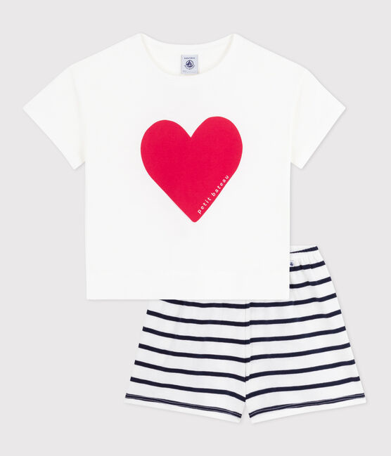 Pigiama corto in cotone con stampa a cuori bambino bianco MARSHMALLOW/blu SMOKING