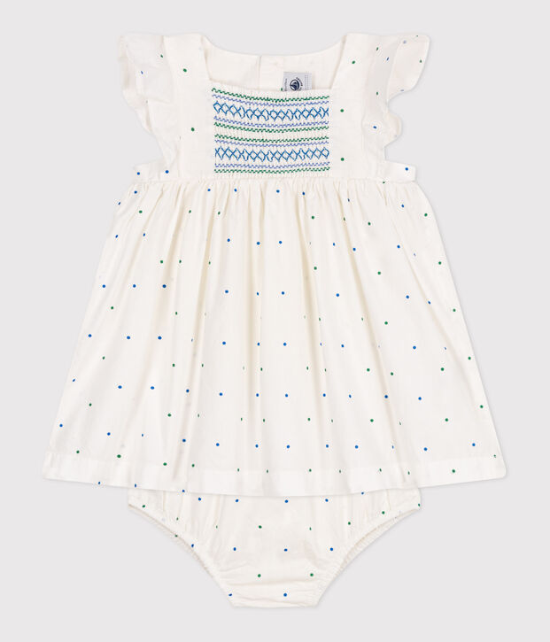Abito bianco neonato in cotone e bloomer coordinato con stampa a pois bianco/multicolore