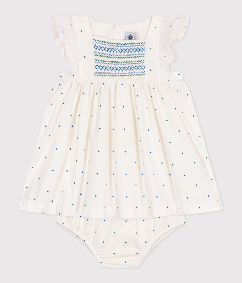 Abito bianco neonato in cotone e bloomer coordinato con stampa a pois bianco/multicolore