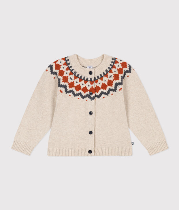 Cardigan jacquard lana e cotone bambina beige/multicolore