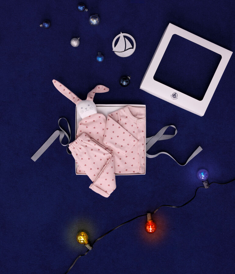 Cofanetto comprendente cardigan, pantaloni e doudou in cotone neonato rosa/rosa