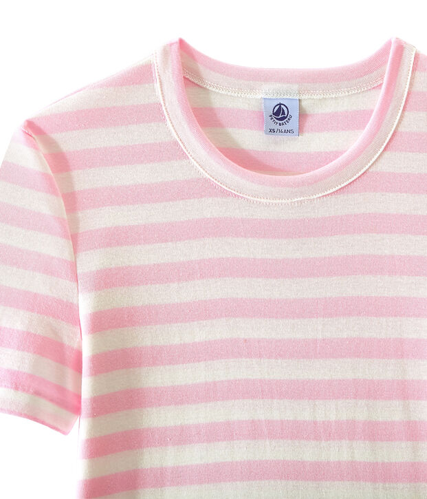T-shirt donna in costina originale 1x1 rigata rosa/bianco