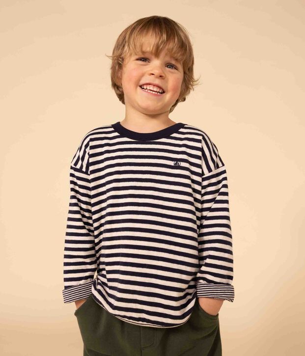 T-shirt maniche lunghe in tubique bambino blu/ecru