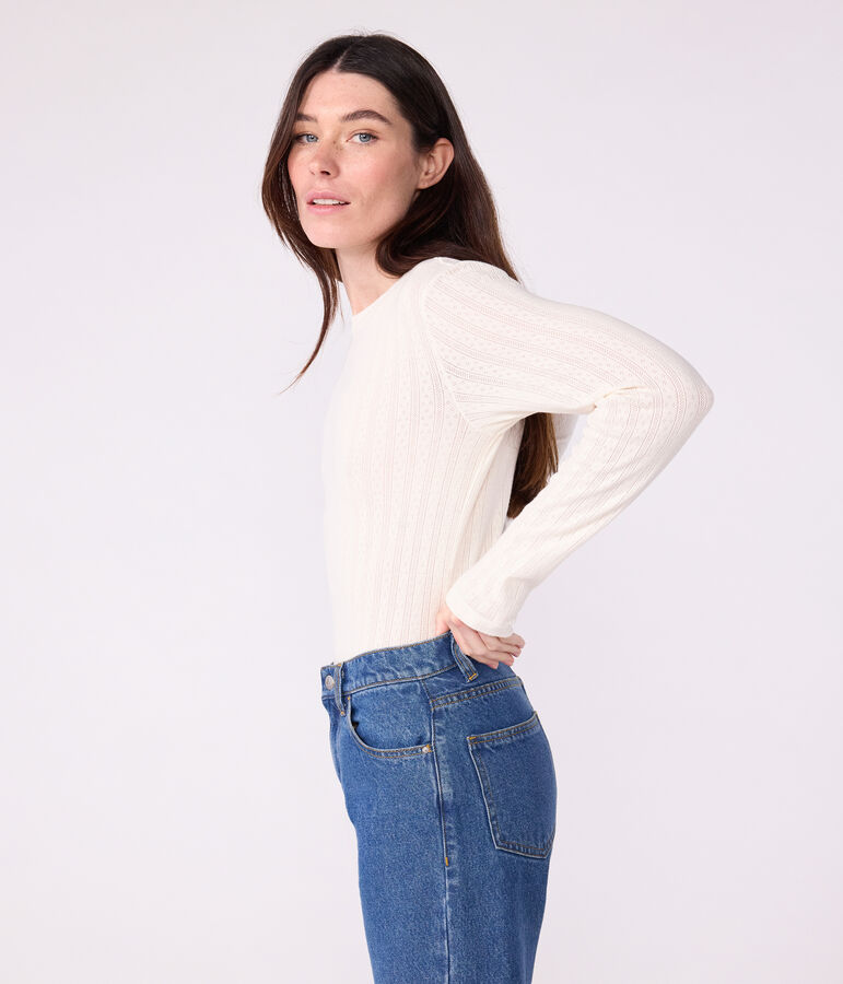 T-shirt L'Iconique a maniche lunghe in cotone traforato donna ecru