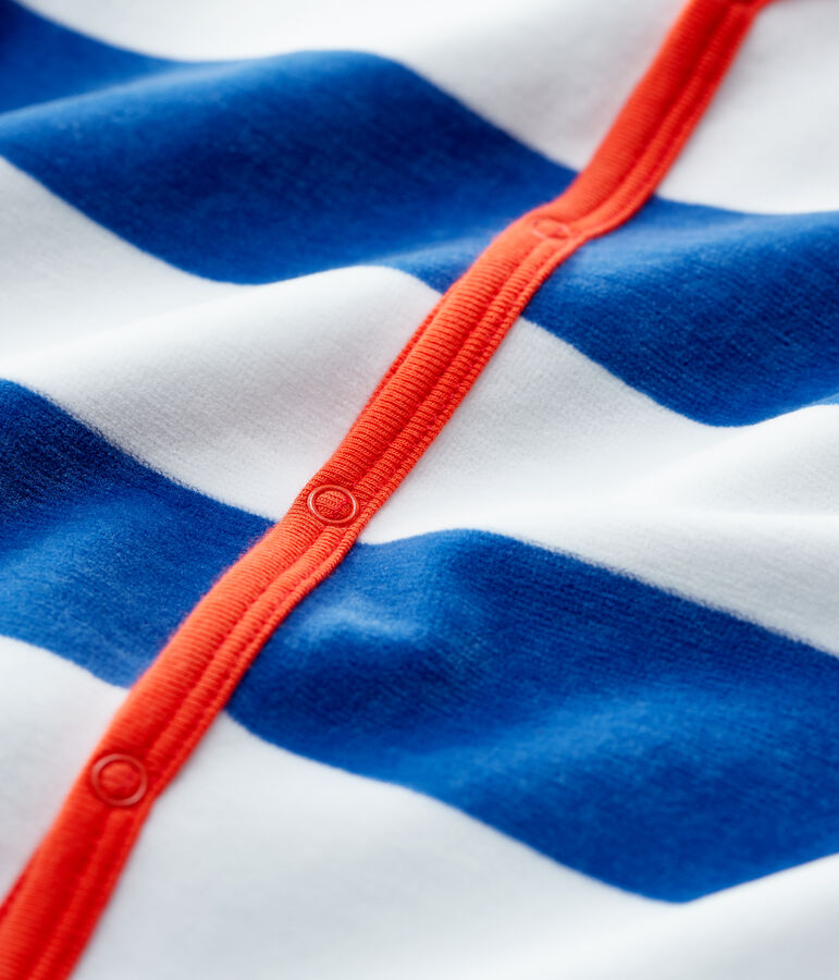 Tutina pigiama a righe blu beb&eacute; in ciniglia blu/beige