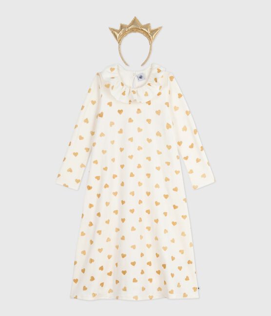 Camicia da notte travestimento bambina in ciniglia con stampa a cuori dorati ecru MILK+DORE