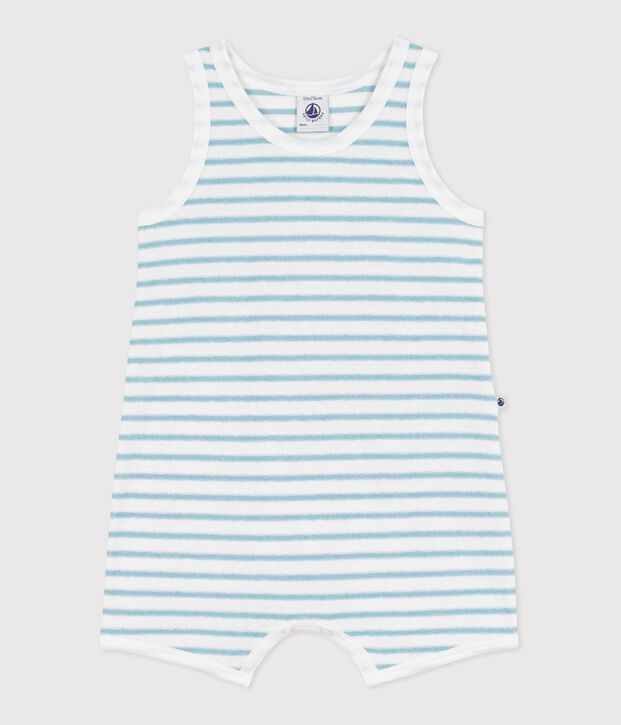 Tutina corta senza maniche in spugna di cotone boucl&eacute; a righe neonato bianco/blu