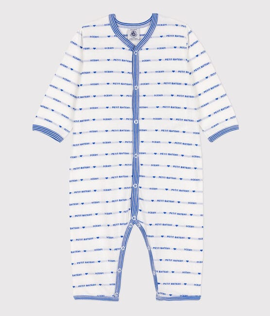 Tutina pigiama senza piedi in cotone jaquard bianco MARSHMALLOW/blu PERSE