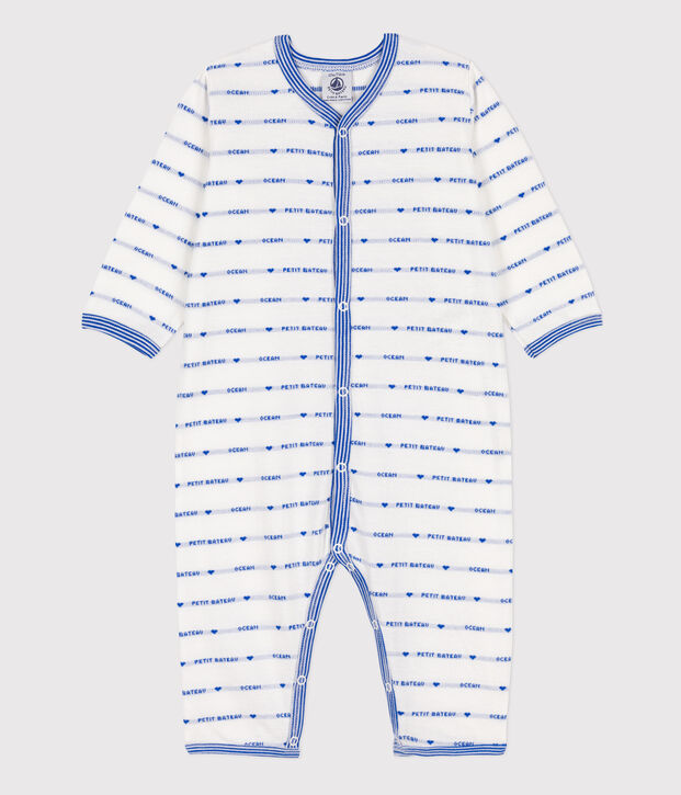 Tutina pigiama senza piedi in cotone jaquard bianco/blu