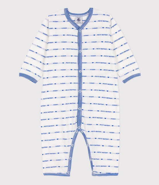 Tutina pigiama senza piedi in cotone jaquard bianco MARSHMALLOW/blu PERSE