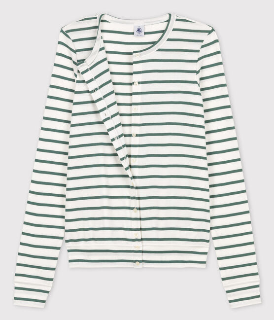 Cardigan iconico in cotone a righe Donna bianco MARSHMALLOW/verde VALLEE
