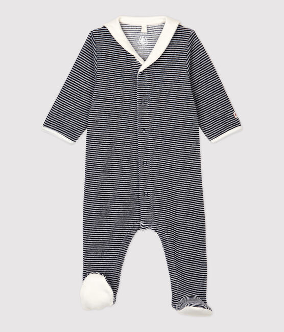 Tutina pigiama con colletto a righe bebè in ciniglia di cotone biologico blu SMOKING/bianco MARSHMALLOW