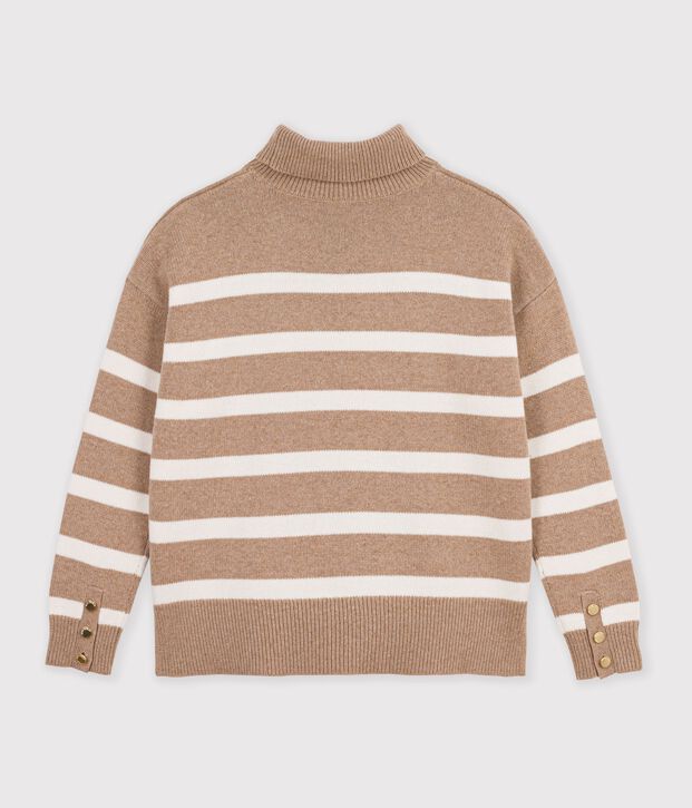 Pullover dolcevita in misto lana e cotone a righe donna beige/ecru