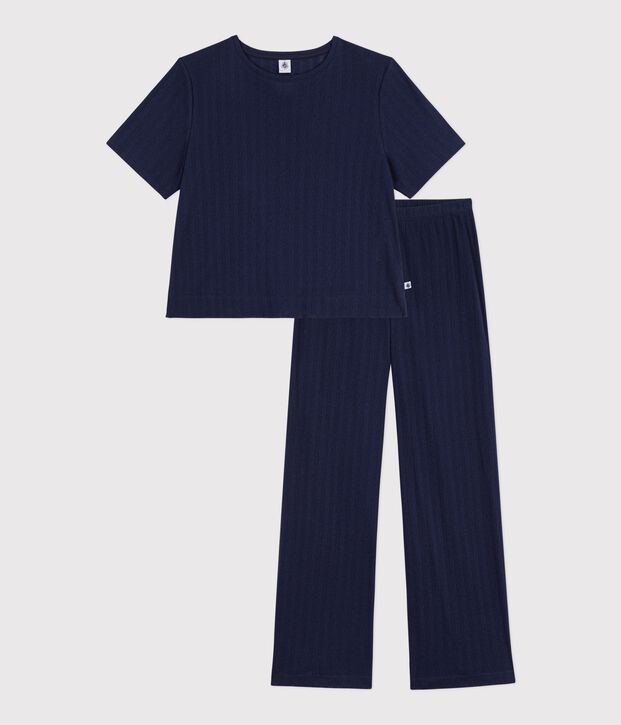 Pigiama a maniche corte in cotone traforato donna blu