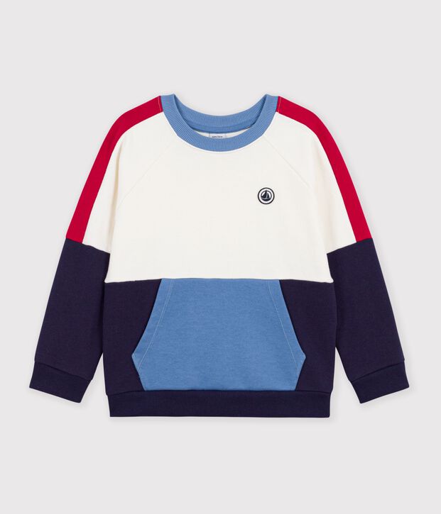 Felpa con cappuccio in cotone tinta unita con motivo color block bambino ecru/multicolore