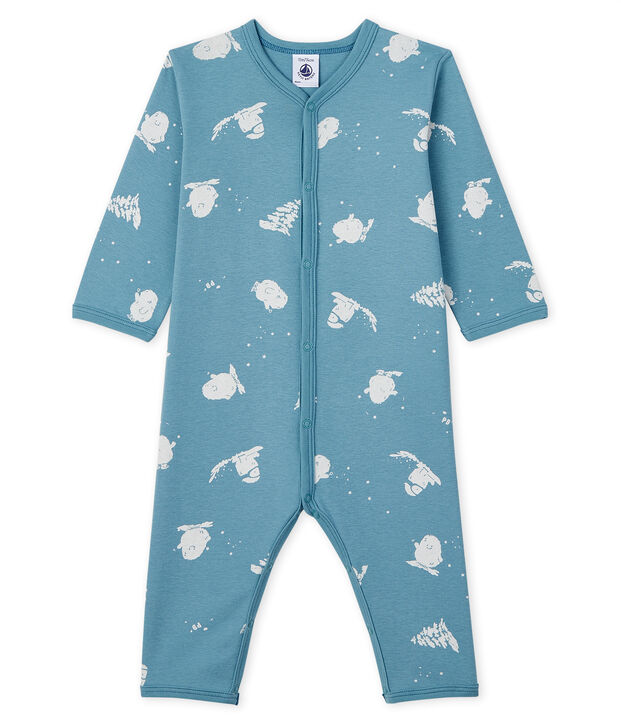 Tutina pigiama senza piedi fantasia yeti beb&egrave; in cotone blu/bianco