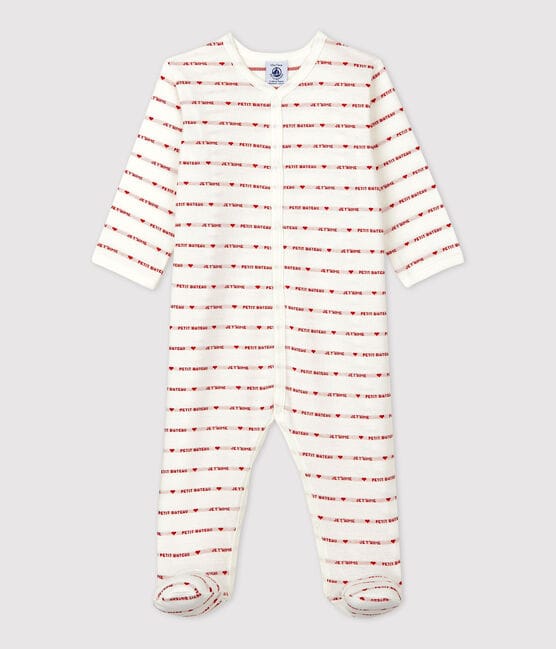 Tutina pigiama bebè Petit Bateau Je t'aime in cotone bianco MARSHMALLOW/rosso TERKUIT