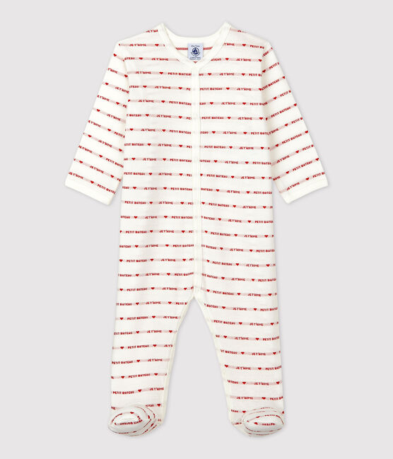 Tutina pigiama bebè Petit Bateau Je t'aime in cotone bianco MARSHMALLOW/rosso TERKUIT