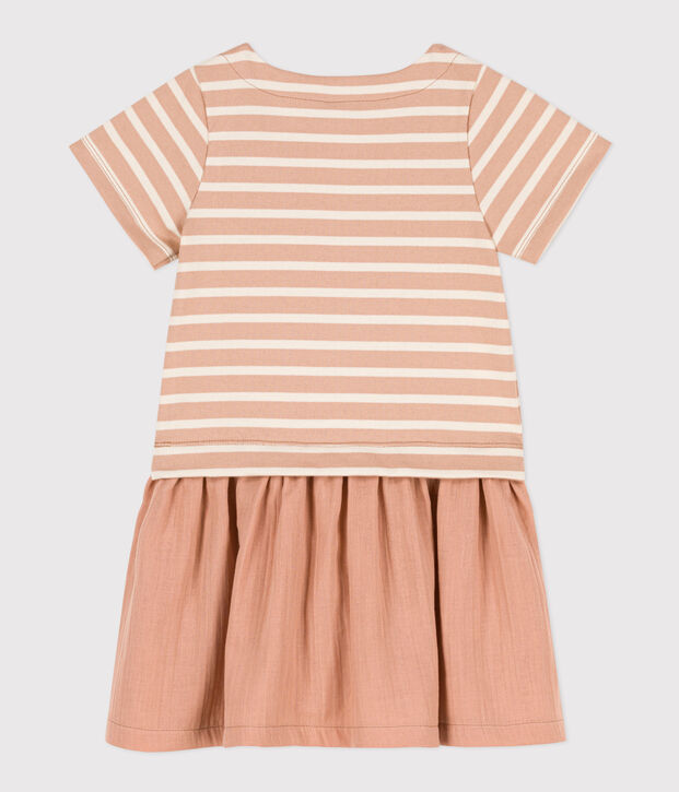 Abito bambina a maniche corte in bi-materiale a righe beige/ecru
