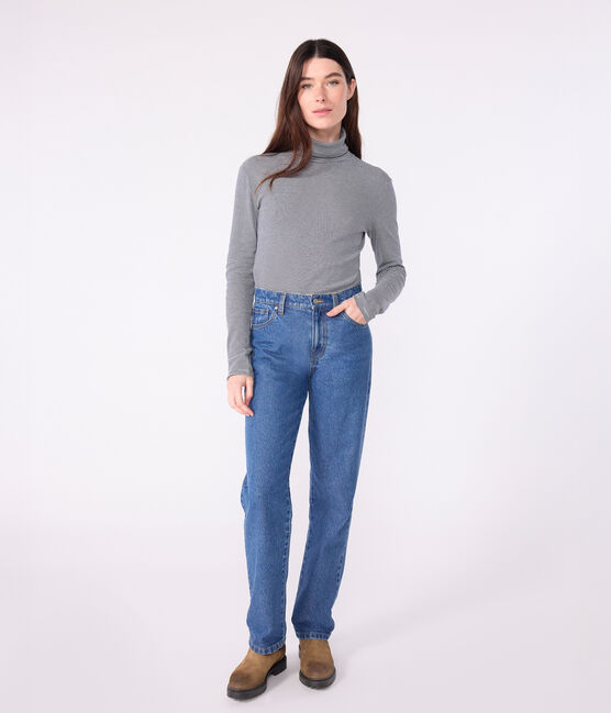 Dolcevita iconico in cotone donna blu SMOKING/bianco MARSHMALLOW