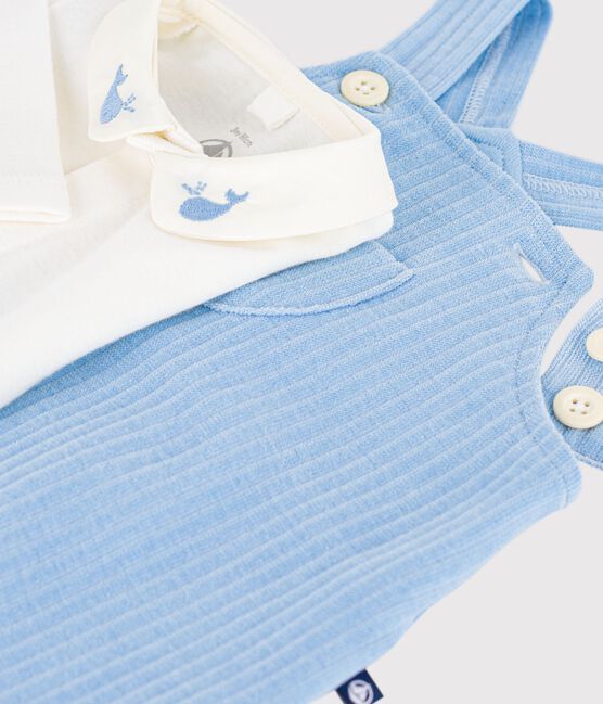 Set salopette/body in cotone tinta unita con dettagli ricamati neonato blu FLO/ MILK