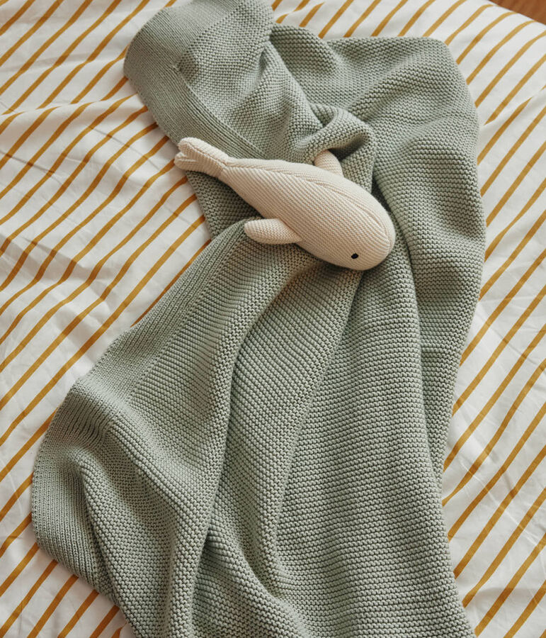 Copertina e doudou in tricot per neonato verde/bianco