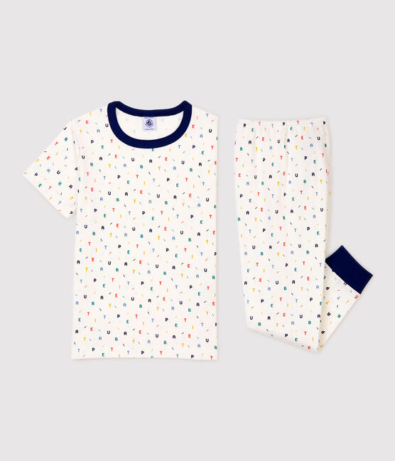 Pigiama bambino a maniche corte con lettere multicolori in cotone biologico bianco MARSHMALLOW/bianco MULTICO