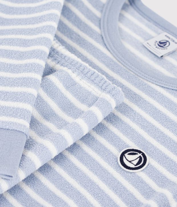 Pigiama in spugna di cotone a righe bambino blu/ecru