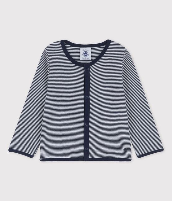 Cardigan bebè millerighe in cotone biologico blu SMOKING/bianco MARSHMALLOW