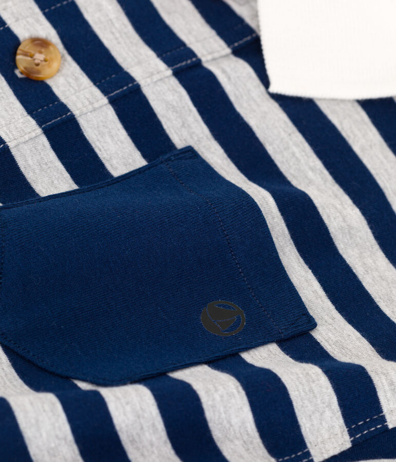 Polo bambino a maniche lunghe a righe in cotone blu/grigio