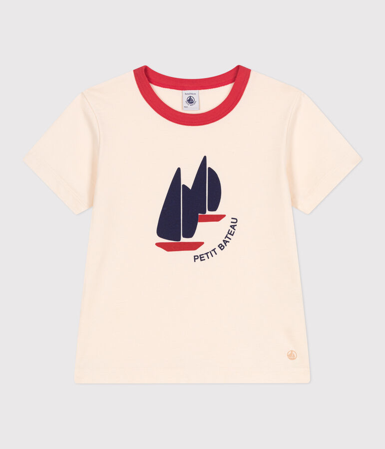 T-shirt a maniche corte in cotone con stampa bambino ecru