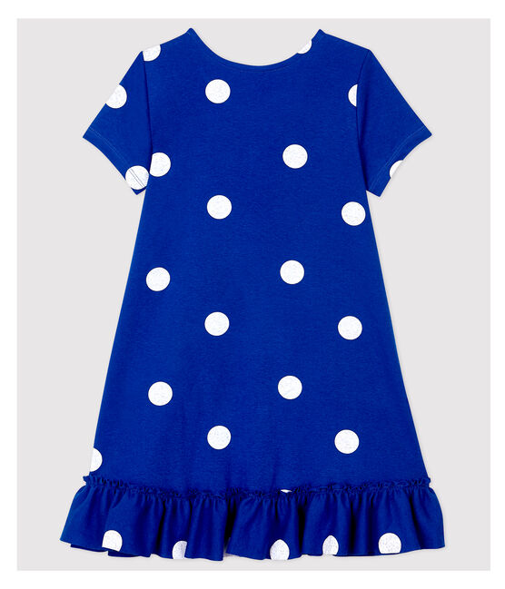 Abito manica corta in cotone e lino bambina blu SURF/bianco MARSHMALLOW