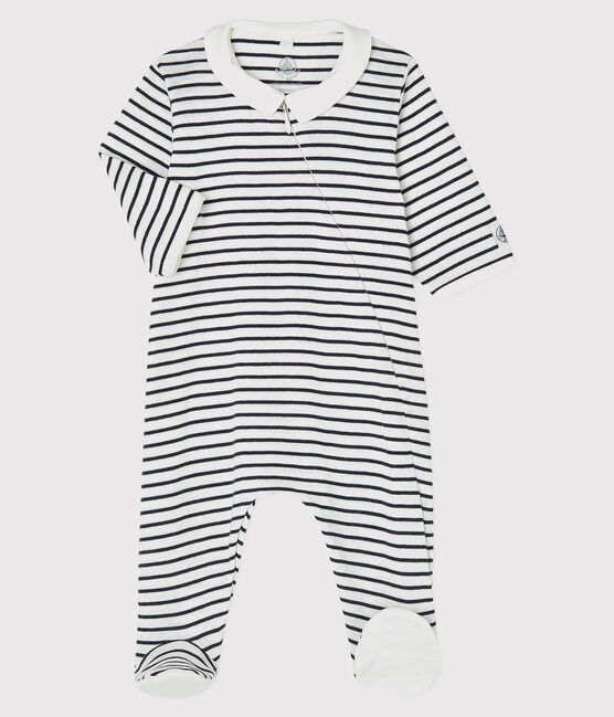 Tutina pigiama bebè marinière in cotone biologico bianco MARSHMALLOW/blu SMOKING