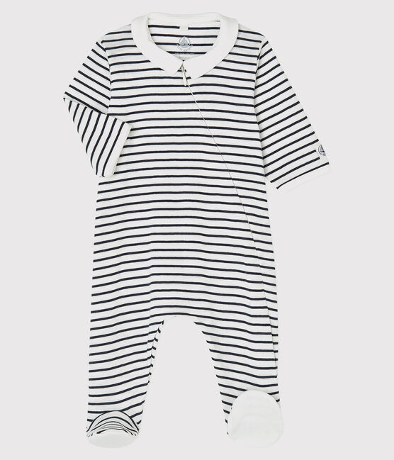 Tutina pigiama con zip bebè in cotone biologico bianco MARSHMALLOW/blu SMOKING