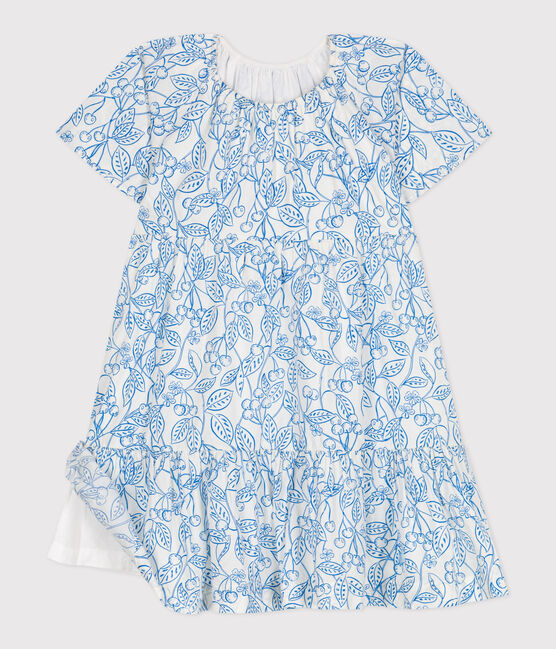 Abito bambina a maniche corte in cotone stampato blu MARSHMALLOW/ PORCELANA