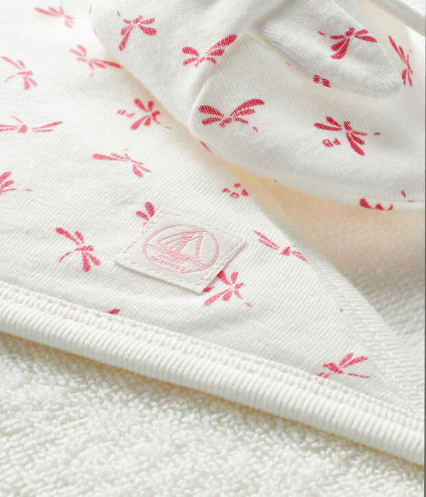 Cofanetto asciugamano quadrato da bagno e babbucce beb&egrave; in spugna e a costine bianco/rosa