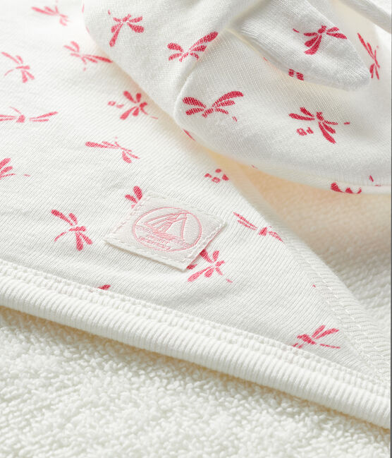 Cofanetto asciugamano quadrato da bagno e babbucce bebè in spugna e a costine bianco MARSHMALLOW/rosa GROSEILLER