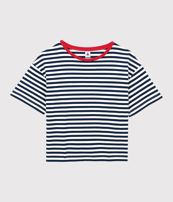 T-shirt TAGLIO BOXY in cotone donna blu MEDIEVAL/bianco MARSHMALLOW
