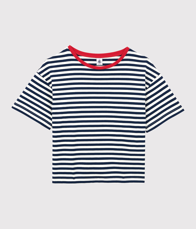 T-shirt TAGLIO BOXY in cotone donna blu/bianco