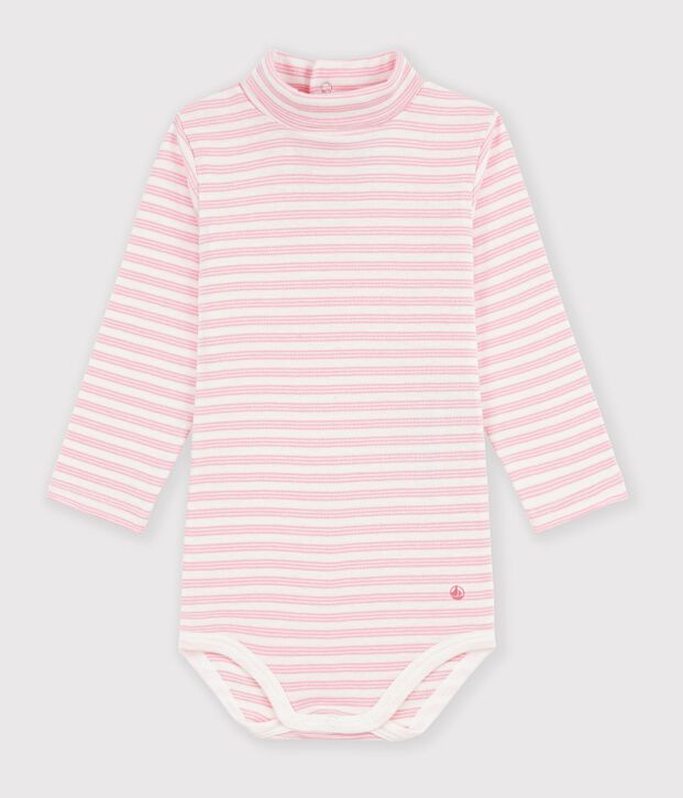 Body a dolcevita in cotone a righe neonato rosa/rosa