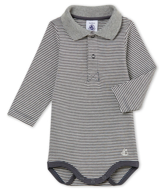 Body millerighe con colletto a polo per bebé maschio grigio MAKI/bianco MARSHMALLOW