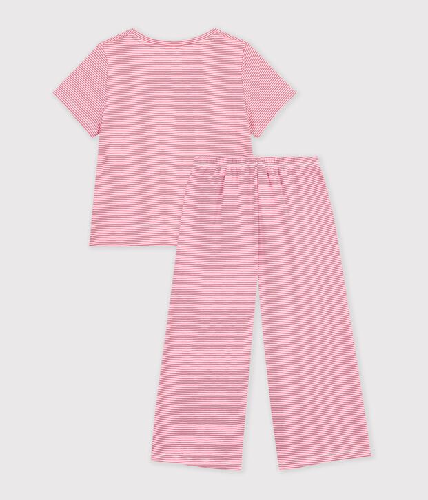 Pigiama a gamba ampia in cotone a righe bambina rosa/bianco